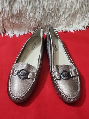 Michael Kors Metallic Pewter Leather Loafers with Logo Medallion